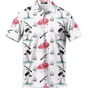 Funny Golfs Pattern Polo Shirts for Men Tropical Vintage Shirts Mens Polo Shirts Short Sleeve Button Up Golf Shirts for Men