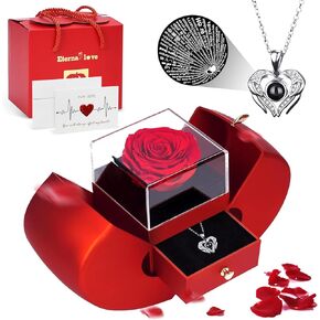 Preserved Real Rose with I Love You Necklace 100 Languages, Forever Flower Rose Gifts forWomen, Mom, Wife, Gifts Idea on Mother's Day,Birthday, Anniversary