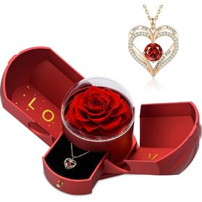 Preserved Real Rose with I Love You Heart Necklace, Mothers Day Romantic Gifts Ideas, Birthday Gifts for Women, Mom, Wife, Girlfriend, Forever Red Rose with Necklace(Red)
