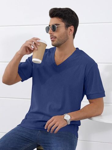 Mens T Shirts Summer Short Sleeve V Neck T-Shirt Casual Corduroy Shirt Fitted Tee Shirt in Saudi Arabia