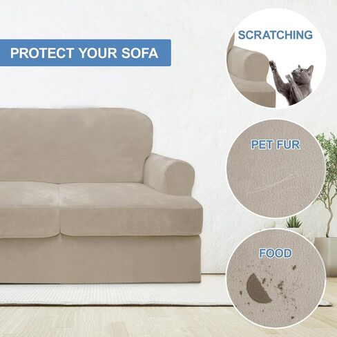 CUCRAF T Cushion Sofa Cover 4 Piece Slipcovers, Soft Thick Velvet Couch Cover for Living Room, Washable High Stretch Furniture Protector with 3 Cushion Slipcover, (Sofa, Ivory) in Saudi Arabia