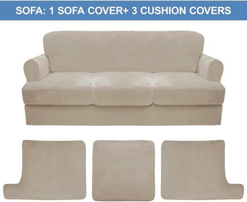 CUCRAF T Cushion Sofa Cover 4 Piece Slipcovers, Soft Thick Velvet Couch Cover for Living Room, Washable High Stretch Furniture Protector with 3 Cushion Slipcover, (Sofa, Ivory) in Saudi Arabia