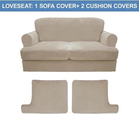 CUCRAF T Cushion Sofa Cover 4 Piece Slipcovers, Soft Thick Velvet Couch Cover for Living Room, Washable High Stretch Furniture Protector with 3 Cushion Slipcover, (Sofa, Ivory) in Saudi Arabia