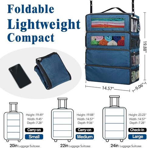 منظم حقيبة ، Carry on Closet Luggage Organizers Excessories للسفر ، ورفوف سفر معلقة قابلة للطي معلقة مع حزام كتف لاستخدامه كحزمة ظهر كبيرة ، رمادية. in Kuwait