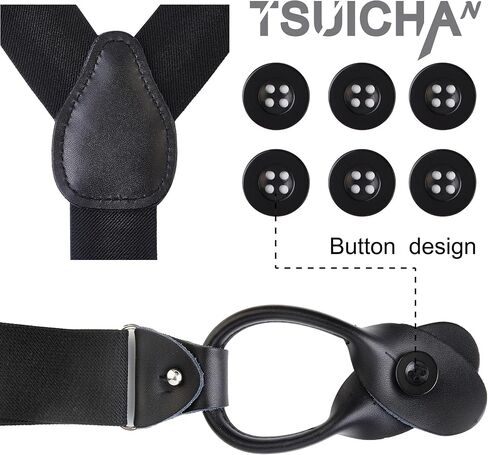 Suspenders for Men - Men's 1 1/4 inch,Black Leather 6 Buttons and Solid Straight Clip Adjustable Y Back Suspenders in Saudi Arabia