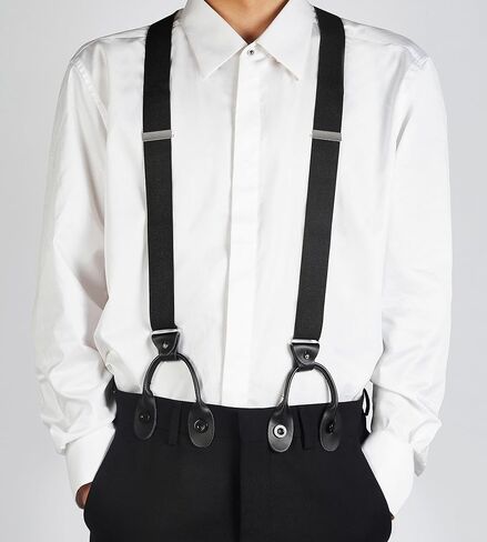 Suspenders for Men - Men's 1 1/4 inch,Black Leather 6 Buttons and Solid Straight Clip Adjustable Y Back Suspenders in Saudi Arabia