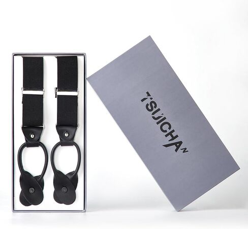 Suspenders for Men - Men's 1 1/4 inch,Black Leather 6 Buttons and Solid Straight Clip Adjustable Y Back Suspenders in Saudi Arabia