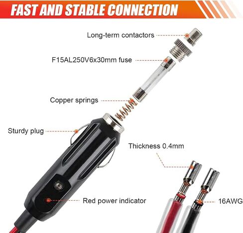 12V Fused Cigarette Lighter Male Plug Adapter with Leads, Car Cigarette Lighter Plug Connector Replacement with 16AWG Extension Cable & LED Light, Cigarette Lighter Socket Cord with 15A Fuse (1PC) in Saudi Arabia
