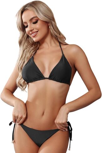 Women Triangle String Tie Scrunch بعقب مجموعات Swimsuit Black ، Bikini Cheeky Sets Hot Bathing ملابس السباحة Halter Rise Bikini in Saudi Arabia