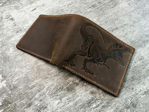 Leather skull wallet, bifold handmade skull art wallet, leather gift ideas for him, ID card minimalist wallet (T-rex skeleton) in Kuwait