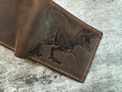 Leather skull wallet, bifold handmade skull art wallet, leather gift ideas for him, ID card minimalist wallet (T-rex skeleton) in Kuwait
