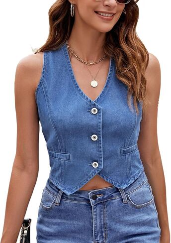 Viatabuna DENIM STET TOP للنساء بلا أكمام ضد زر العنق لأسفل Jean Weistcoat Y2K DENIM محصول الشارع العلوي in Kuwait