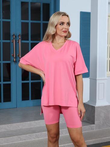 Ophestin Women's 2 Piece Lounge Sets Short Sleeve Track suits Pajamas Oversized T Shirts Top Shorts Matching Set Outfits in Saudi Arabia