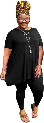Women Plus Size 2 Piece Outfits Short Sleeve Top and Legging Sets Jogging Tracksuit with Pockets in Saudi Arabia