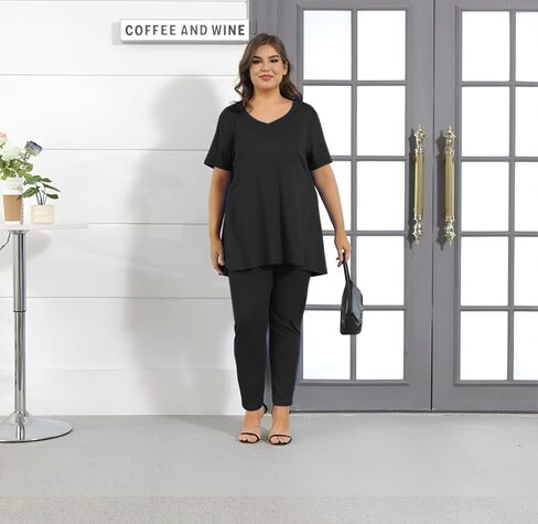 Women Plus Size 2 Piece Outfits Short Sleeve Top and Legging Sets Jogging Tracksuit with Pockets in Saudi Arabia