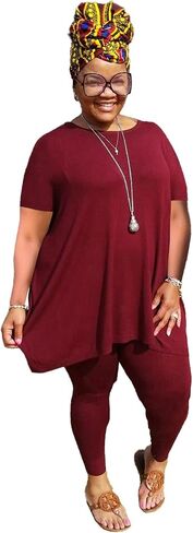 Women Plus Size 2 Piece Outfits Short Sleeve Top and Legging Sets Jogging Tracksuit with Pockets in Saudi Arabia