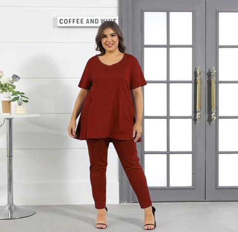 Women Plus Size 2 Piece Outfits Short Sleeve Top and Legging Sets Jogging Tracksuit with Pockets in Saudi Arabia