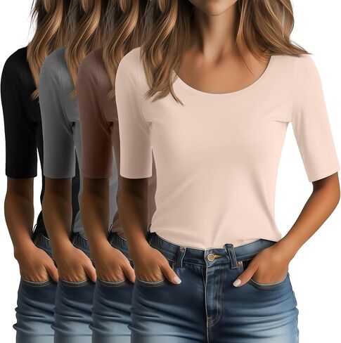 Ficerd 4 Pack Women's Scoop Neck Stepsy Tops Cotton Half Sleeve Slim Fit Thirts Stid in Kuwait