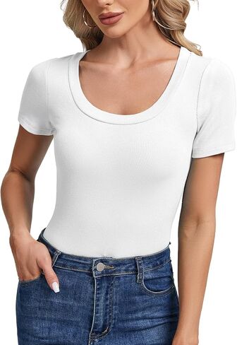 Womens Summer Short Sleeve Tops Scoop Neck Ribbed Knit Basic Tee Casual Shirts Slim Fitted 2025 Trendy Outfits in Saudi Arabia