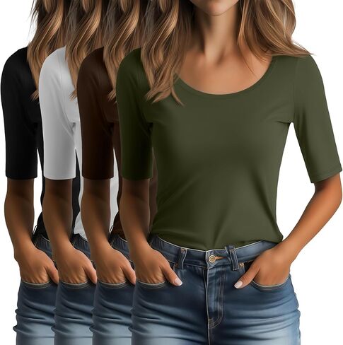Ficerd 4 Pack Women's Scoop Neck Stepsy Tops Cotton Half Sleeve Slim Fit Thirts Stid in Kuwait