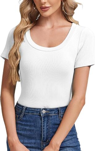 Womens Summer Short Sleeve Tops Scoop Neck Ribbed Knit Basic Tee Casual Shirts Slim Fitted 2025 Trendy Outfits in Saudi Arabia