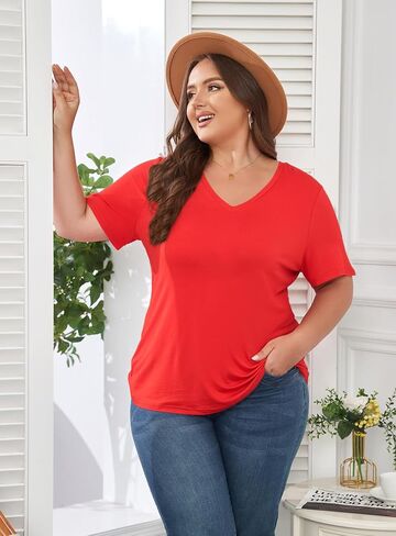 Women's Plus Size Short Sleeve Tee Shirt V Neck Basic Ladies Loose Fit T Shirt 1X-5X in Saudi Arabia