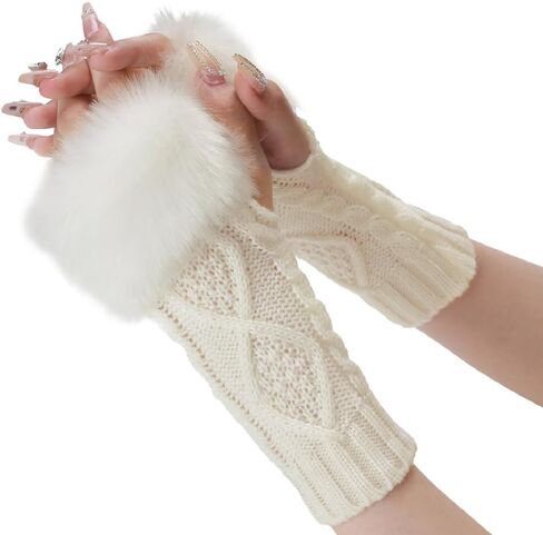 2 Pairs White Furry Fingerless Gloves Arm Warmers Fluffy Winter Knitting Soft Thumb Hole with Faux Fur Hand Wrist Warmer Knit Crochet Gloves Mittens for Women Unisex Typing Driving Supplies in Kuwait