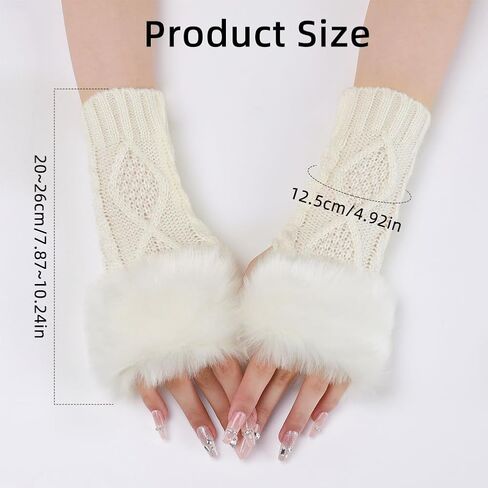 2 Pairs White Furry Fingerless Gloves Arm Warmers Fluffy Winter Knitting Soft Thumb Hole with Faux Fur Hand Wrist Warmer Knit Crochet Gloves Mittens for Women Unisex Typing Driving Supplies in Kuwait