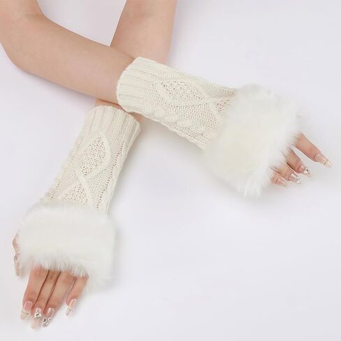 2 Pairs White Furry Fingerless Gloves Arm Warmers Fluffy Winter Knitting Soft Thumb Hole with Faux Fur Hand Wrist Warmer Knit Crochet Gloves Mittens for Women Unisex Typing Driving Supplies in Kuwait