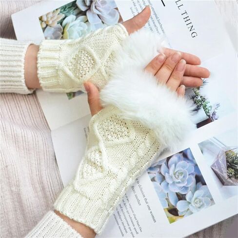 2 Pairs White Furry Fingerless Gloves Arm Warmers Fluffy Winter Knitting Soft Thumb Hole with Faux Fur Hand Wrist Warmer Knit Crochet Gloves Mittens for Women Unisex Typing Driving Supplies in Kuwait
