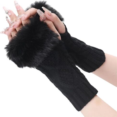 2 Pairs White Furry Fingerless Gloves Arm Warmers Fluffy Winter Knitting Soft Thumb Hole with Faux Fur Hand Wrist Warmer Knit Crochet Gloves Mittens for Women Unisex Typing Driving Supplies in Kuwait