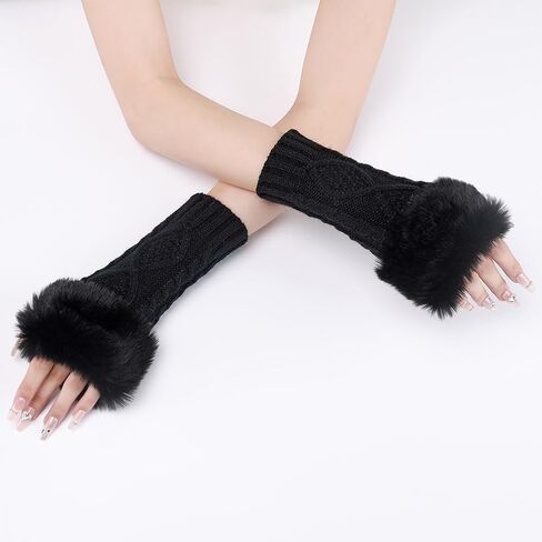 2 Pairs White Furry Fingerless Gloves Arm Warmers Fluffy Winter Knitting Soft Thumb Hole with Faux Fur Hand Wrist Warmer Knit Crochet Gloves Mittens for Women Unisex Typing Driving Supplies in Kuwait