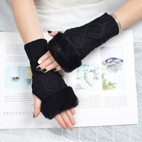 2 Pairs White Furry Fingerless Gloves Arm Warmers Fluffy Winter Knitting Soft Thumb Hole with Faux Fur Hand Wrist Warmer Knit Crochet Gloves Mittens for Women Unisex Typing Driving Supplies in Kuwait