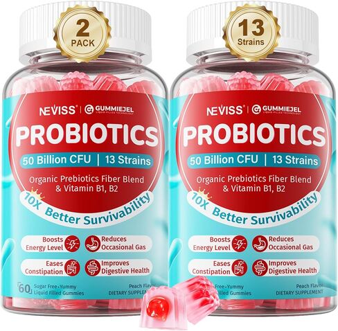 Probiotic + Prebiotic Gummies for Adults & Kids 4+ (Made in USA), Sugar Free Chewable 50 Billion CFUs w/Fiber, Vitamin B1 B2 D3 & Zinc, for Digestive & Gut Health, Boost Microflora Diversity, 60 Cts in Saudi Arabia
