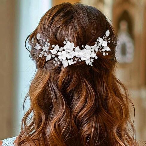 Unicra Flower Bride Wedding Hair Vine Pearl Bridal Hair Piece Leaf Hair Accessories Rhinestone Headband for Women and Girls (9inches) (Silver) in Kuwait