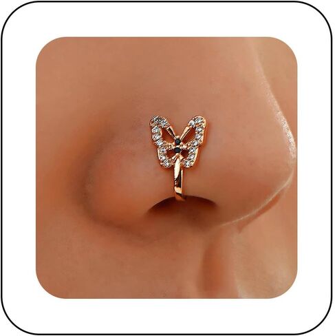 خمر الفراشة الكريستال خاتم أنف الذهب CZ Cuff Septum u على شكل مقطع على شكل مجوهرات ثقب مسمار للنساء in Saudi Arabia