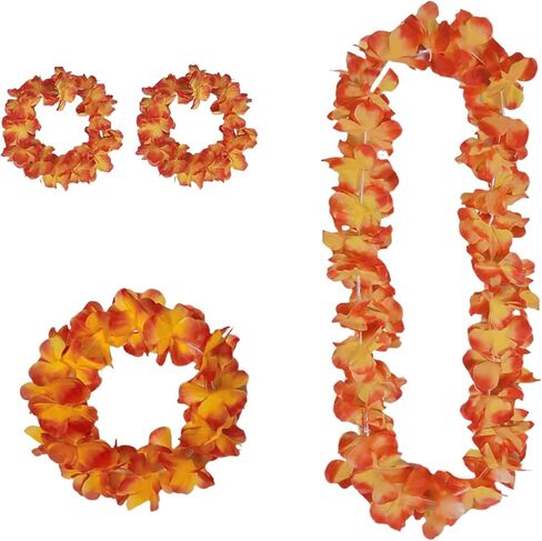 Leis for Luau Party, 4 Pcs Hawaiian Leis Flower Single Color, Necklace Headband Wristband, Beach Party Favors Flamingo Floral Orange White Blue Accessories for Women Men (Orange 4Pcs=1Sets) in Saudi Arabia