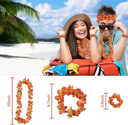 Leis for Luau Party, 4 Pcs Hawaiian Leis Flower Single Color, Necklace Headband Wristband, Beach Party Favors Flamingo Floral Orange White Blue Accessories for Women Men (Orange 4Pcs=1Sets) in Saudi Arabia