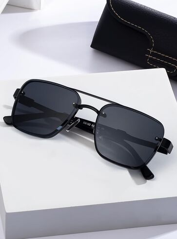 Dark Sunglasses Men Small Face Double Bridge Flat Metal 50mm UV 400 Protection Lens Sunnies Hexagon (5G122) in Saudi Arabia
