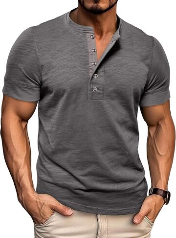 Men's Henley Shirt Lightweight Short Sleeve T-Shirt Casual Summer Solid Button Cotton Shirt in Kuwait