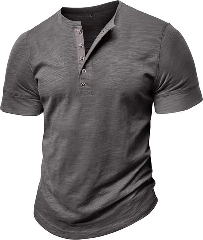 Men's Henley Shirt Lightweight Short Sleeve T-Shirt Casual Summer Solid Button Cotton Shirt in Kuwait
