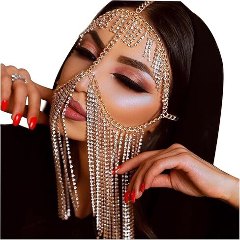 Sexy Full Rhinestone Layered Masquerade Party Mask Face Jewelry for Women Crystal Tassel Face Chain Jewelry Costume Head Hair Bridal Veils Accessories in Saudi Arabia