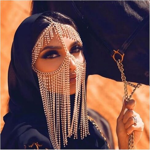 Sexy Full Rhinestone Layered Masquerade Party Mask Face Jewelry for Women Crystal Tassel Face Chain Jewelry Costume Head Hair Bridal Veils Accessories in Saudi Arabia