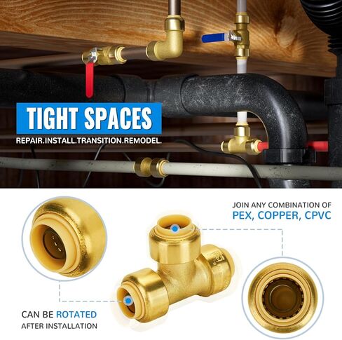 SUNGATOR Push Fitting Set, 1/2 Inch Plumbing Fitting Elbow (5 PCS), 3/4 Inch Plumbing Fitting Elbow (3 PCS), No Lead Brass Push to Connect Pex, Copper, CPVC, with 2 Disconnect Clips, Pack of 8 in Saudi Arabia