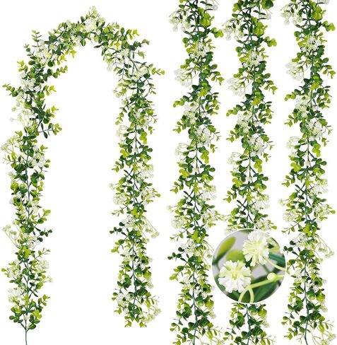 6FT Eucalyptus Garland with Flowers, 4 Pack Greenery Hanging Faux Eucalyptus Garland Suitable for Table Wedding Backdrop Arch Wall Party Spring UV Protected Indoor Outdoor Decorations in Saudi Arabia