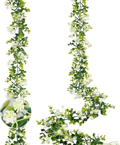 6FT Eucalyptus Garland with Flowers, 4 Pack Greenery Hanging Faux Eucalyptus Garland Suitable for Table Wedding Backdrop Arch Wall Party Spring UV Protected Indoor Outdoor Decorations in Kuwait