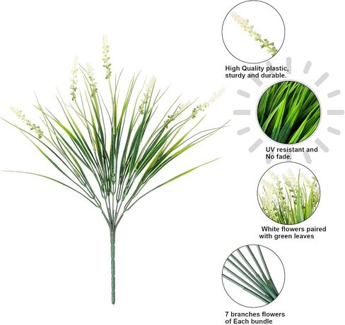 Ivydale Artificial Plants Fake Flowers Monkey Grass for Outdoors,UV Resistant Realistic 10PCS White Faux Greenery Shrubs Outside Decor for Home Garland Porch Patio Balcony Planter Yard Office Pathway in Kuwait
