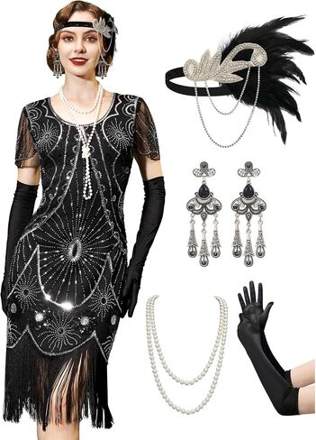 فساتين Yessa Flapper فساتين 1920 للنساء ، فساتين Gatsby العظيمة للنساء من أزياء العشرينات مع إكسسوارات العشرينات من القرن العشرين in Kuwait