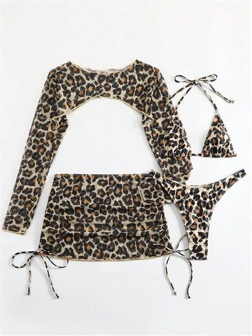 Floerns Women's 4 Piece Bikini Set Leopard Halter Triangle Swimsuit with Cover Up Top and Skirts in Saudi Arabia