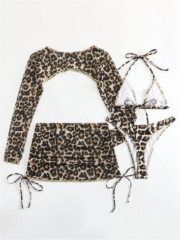 Floerns Women's 4 Piece Bikini Set Leopard Halter Triangle Swimsuit with Cover Up Top and Skirts in Saudi Arabia